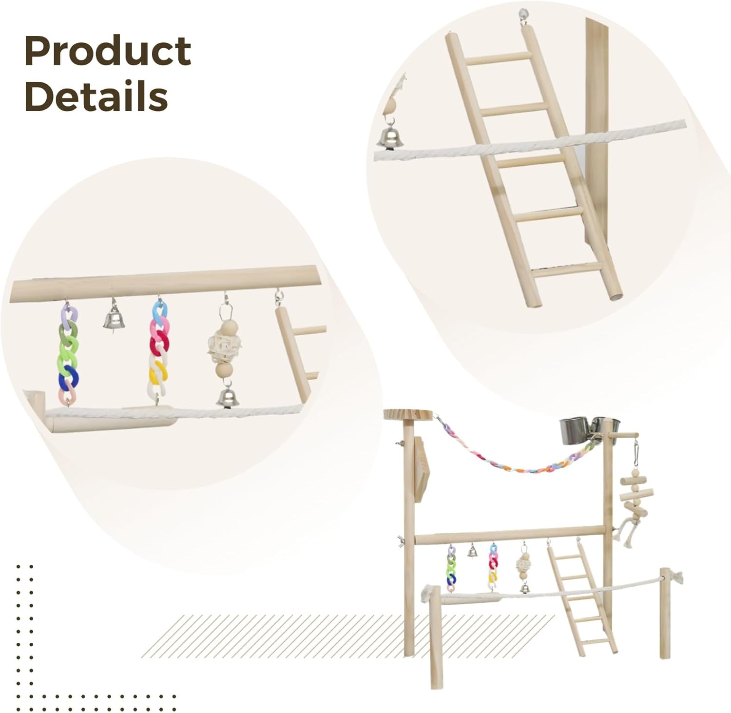 Wooden Bird Play Stand with Swing Bells, Ladder, Feeding Cups, Activity Center for Parrots, Cockatoos, and Macaws