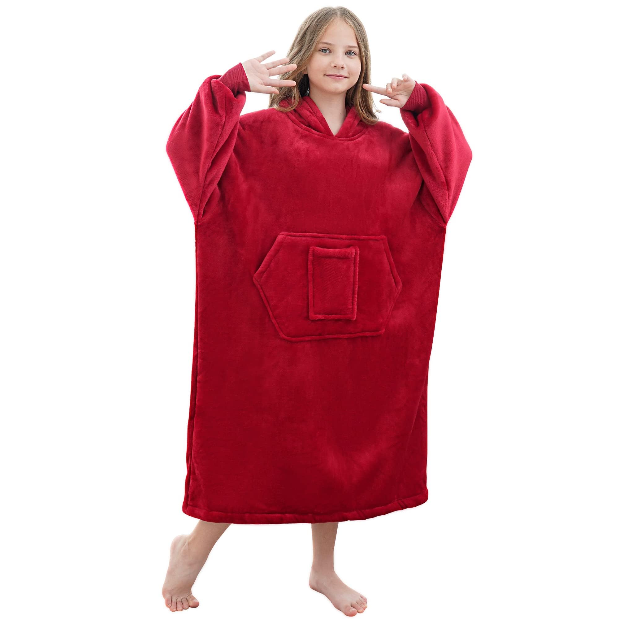 FUSSEDA Übergroße Tragbare Decke Sweatshirt, Super Dicke Warme Sherpa Fleece Kuscheldecke Hoodie mit Taschen und Ärmeln für Erwachsene und Kinder