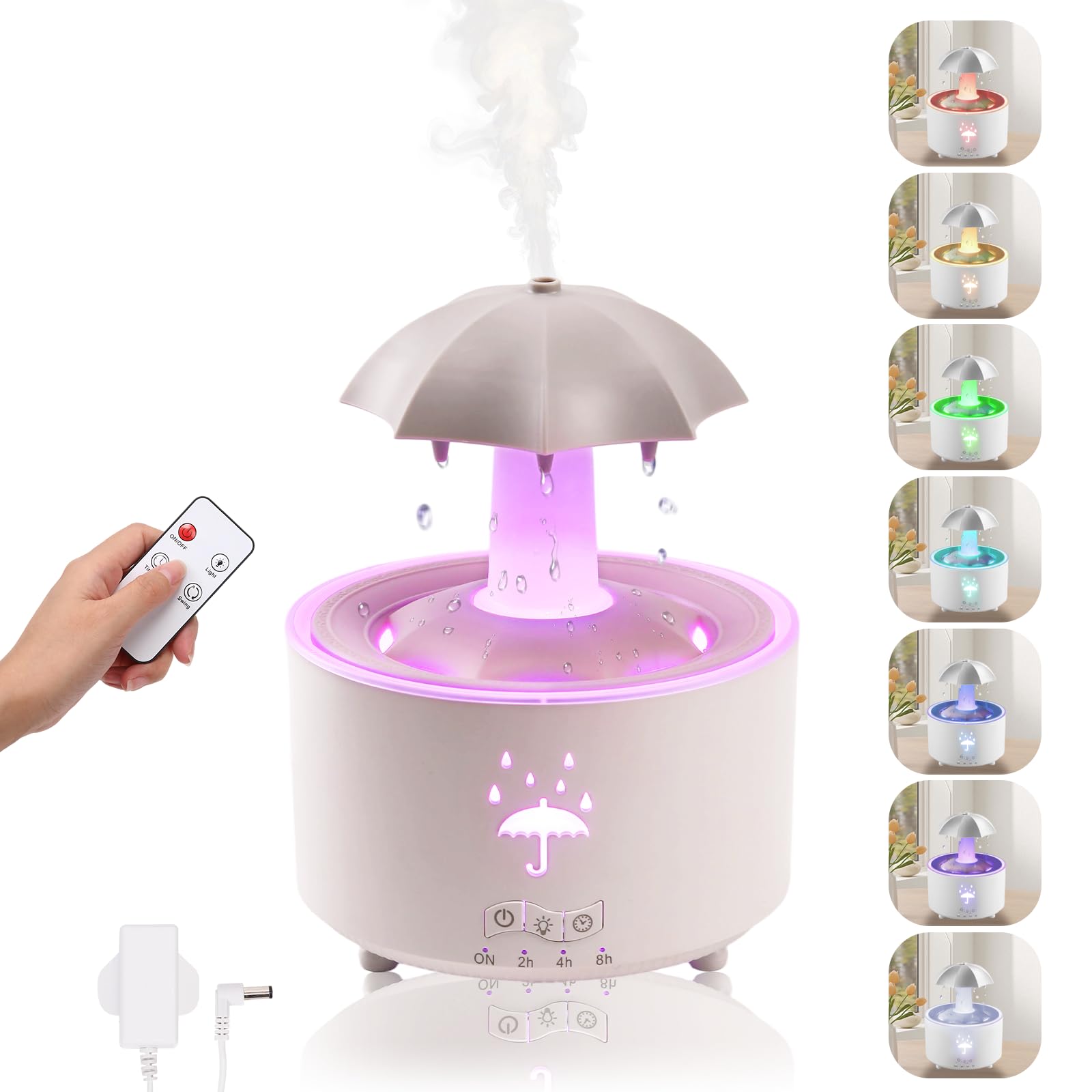 Umbrella Rain Humidifier, Essential Oil Diffuer for Bedroom, 7-Color Rotating Umbrella Rain Drop Aromatherapy Diffuser, 300ML Large Mist Humidifier Diffusers with Remote & Timer (White)