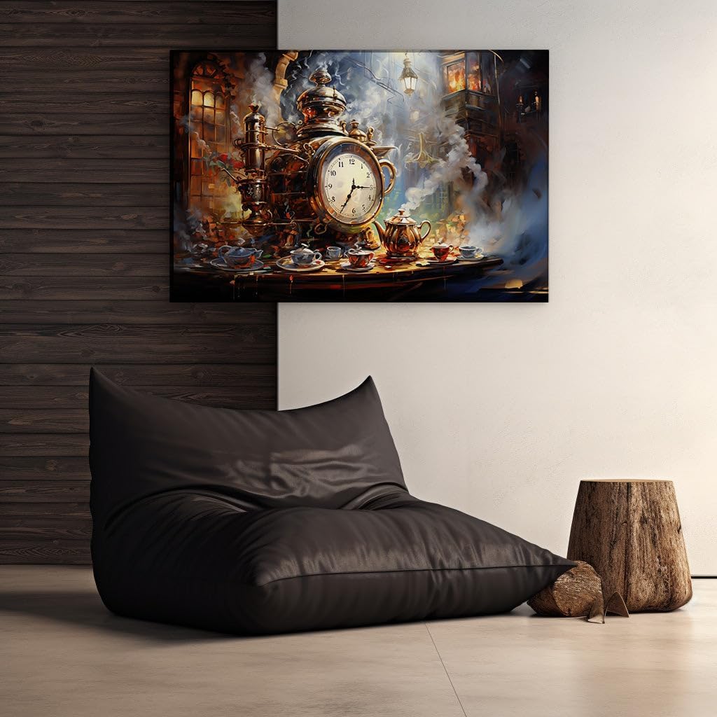 Timeless Elegance of a Steam Clock and Tea Set in Victorian Splendor Large, Decor, Office, Bedroom,. Size: 130x86 cm (51x34 inch) Canvas Wall Art - Modern Home Decor - 100x66 cm (39x26 inch)
