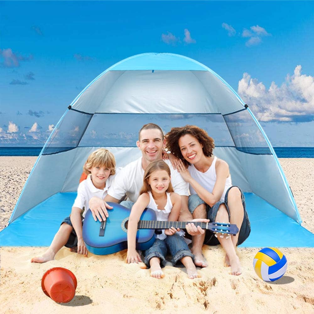 Wilwolfer Beach Tent Pop Up Sun Shelter Plus Cabana Automatic Canopy Shade Portable UV Protection Easy Setup Windproof Stable with Carry Bag for Outdoor 3 or 4 Person