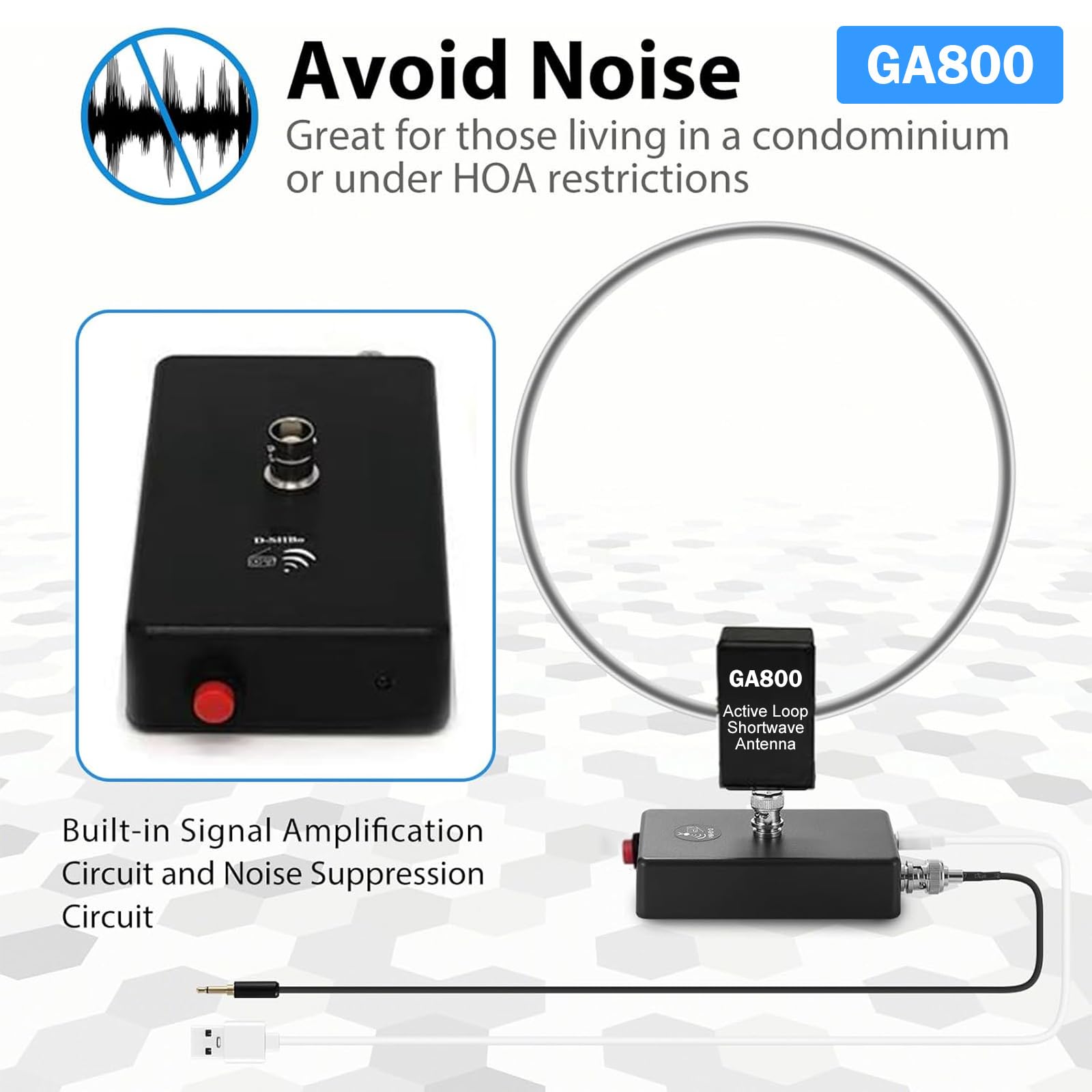 AURSINC GA800 Loop Antenna, Active Shortwave Radio Antenna con cavo BNC 10KHz-159MHz HF per radio Ham (Free of Tuning)