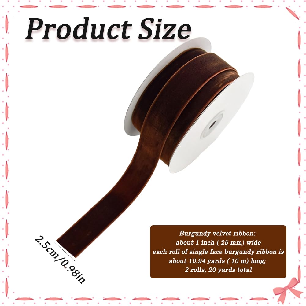 CABODYALS 2 Roll 20M 25mm Dark Brown Velvet Ribbon Copper Soft Vintage Single Sided Spool Silky Soild Fabric Ribbons Bundle Rolls for Sewing Making DIY Crafts Gift Wrapping Bouquets - Image 2