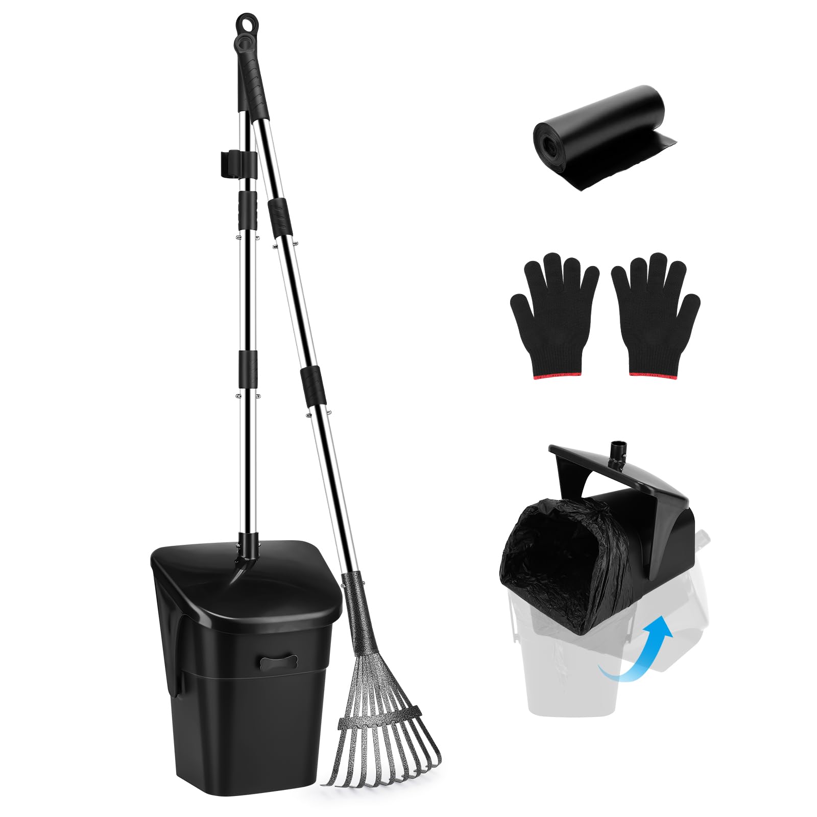 HAPPY HACHI Ramasse Crotte pour Chien, Kit Poubelle et Râteau Pivotant à Long Manche Réglable avec 20 Sacs Poubelle, Pelle a Crotte Portable pour Chiens de Petite, Moyenne et Grande