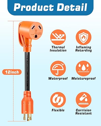 Miniatura 8 de Adaptador de generador RV de 30 amperios, NEMA L5-30P Twist Lock Macho Plug a NEMA TT-30R hembra con mango de agarre, adaptador de alta resistencia