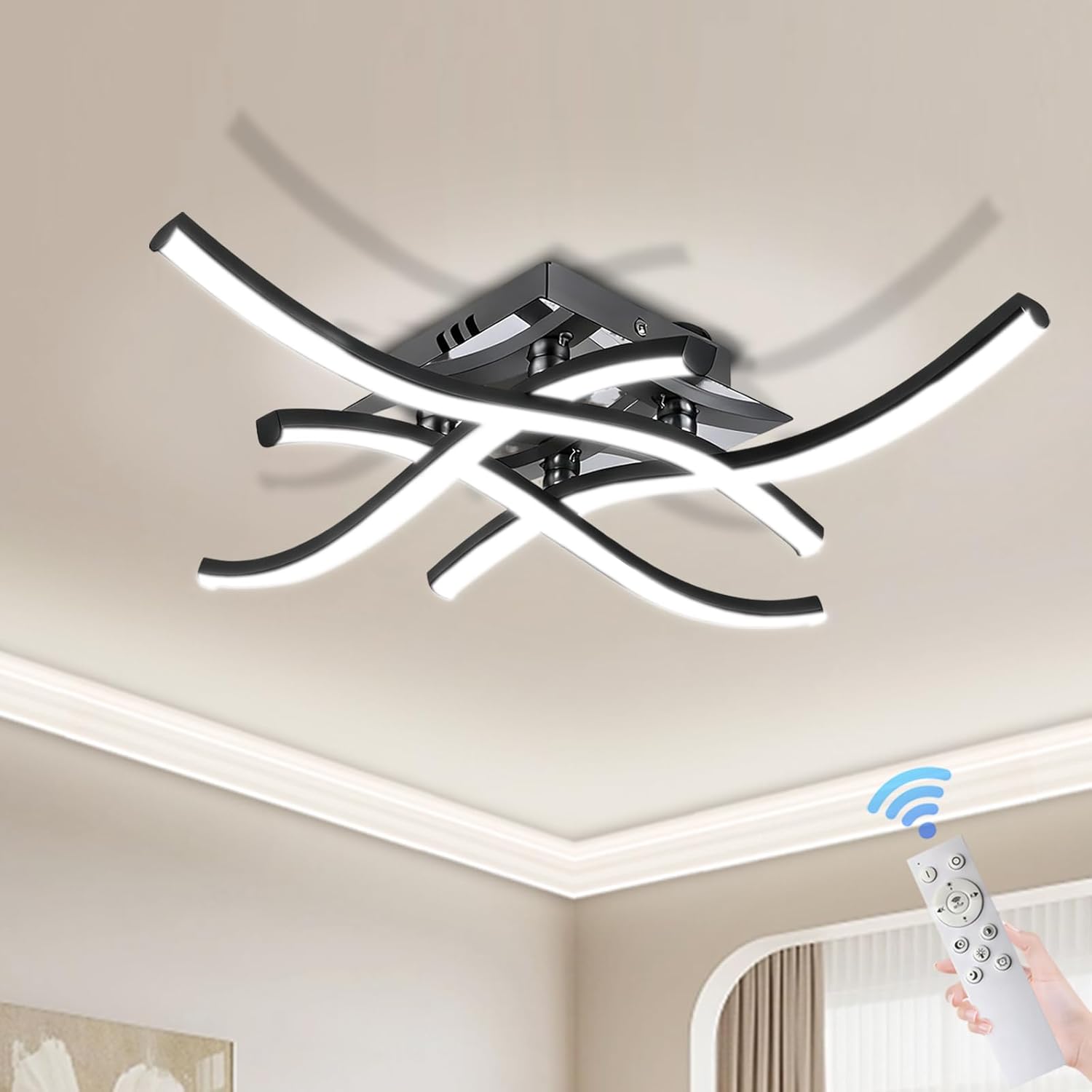 36W Modern LED Ceiling Light Fixture, 27.5Inch Stepless Dimming Curved Wave Ceiling Lamp with Remote & Timing Function for Bedroom, Kitchen, Hallway, Foyer Library Dining Room Black 6500k