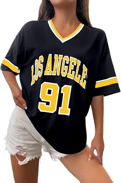 Los Angeles T-Shirt de Baseball surdimensionné Y2k pour Femme - avec Bordure Graphique à Rayures - Chemise de Loisirs - Col en V - Streetwear - Rayé - Graphique - T-Shirt décontracté - T-Shirt d'été - 1