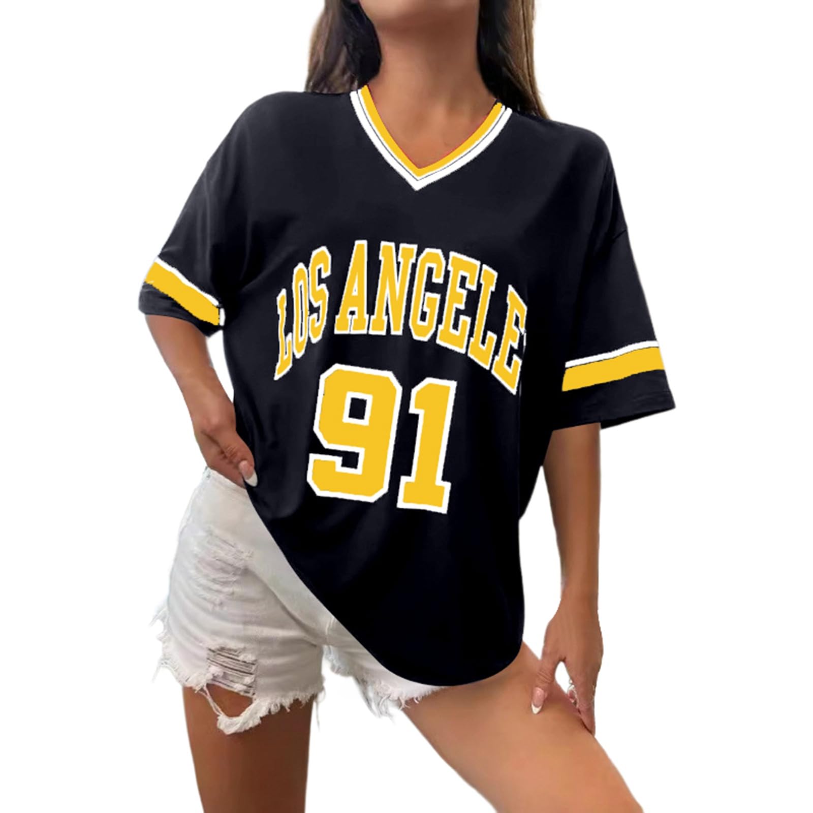Women's Los Angeles Shirt Baseball Jerseys Oversized Y2k Number Shirts Graphic Striped Trim Casual Shirt V Neck Streetwear Striped Graphic Tee Casual Top Summer Sports Shirt, O yellow, 3XL