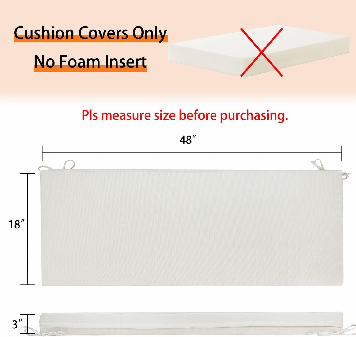 Magpie Fabrics Patio Bench/Swing Cushion Slip Cover 48 x 18 x 3 Inch, Water Resistant UV Protection Outdoor Furniture Loveseat Replacement Cushion Cover with Zipper (Recycled Cream White)