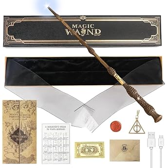 Elder Wand Glow 38 cm Dumbledore Wand with Light USB Charging Wand Dumbledore in Gift Box Childrens Wand with Station Cards Saying Cards Necklaces Seals