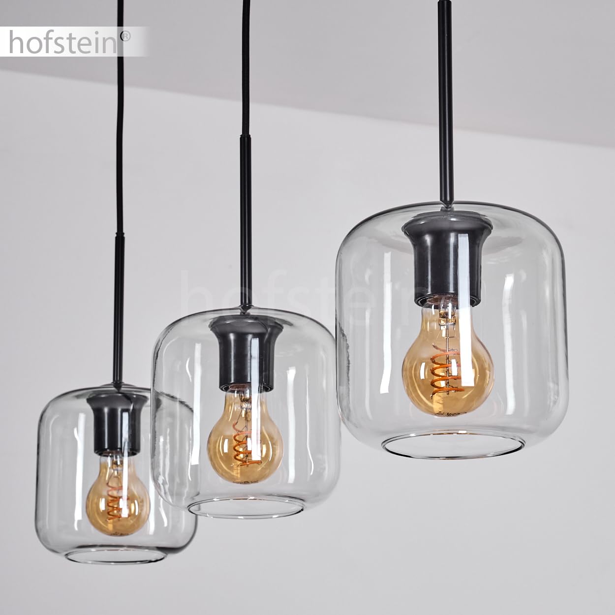 HOFSTEIN Lampadario a sospensione Lauden, 3 luci, in metallo/vetro, nero/trasparente, moderna lampada a sospensione in design retrò/vintage, diametro paralumi 20 cm, E27, sala da pranzo, cucina