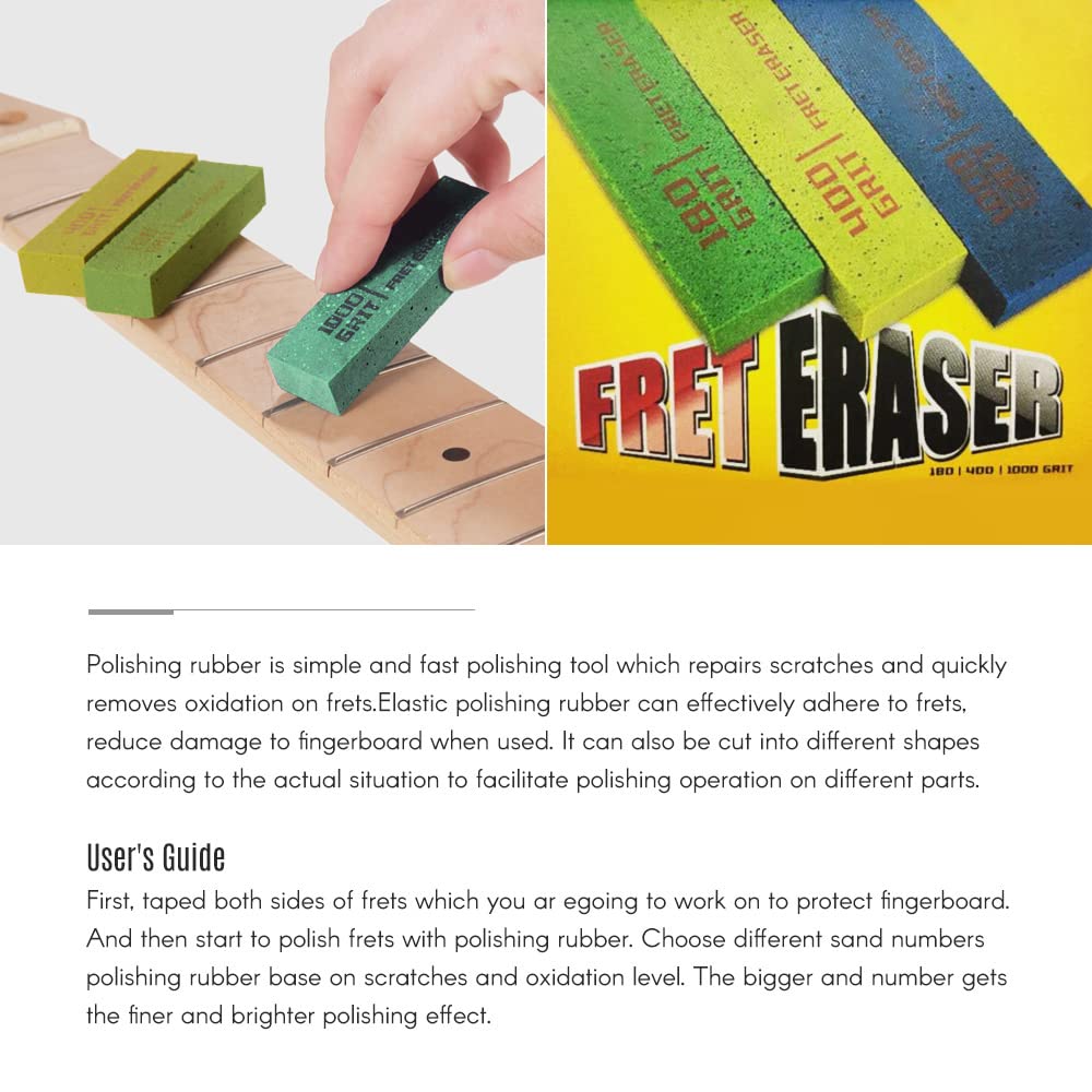 Set 3 Gomme Lucidatura Tasti Chitarra - Grana 180/400/1000 Per Rimuovere Ossidazione E Graffi