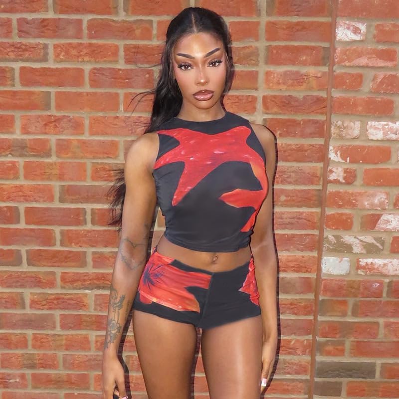 Womens 2 Piece Outfits Halter Crop Top Bodycon Shorts Floral Printed Sexy Going Out Short Sets - Image 5