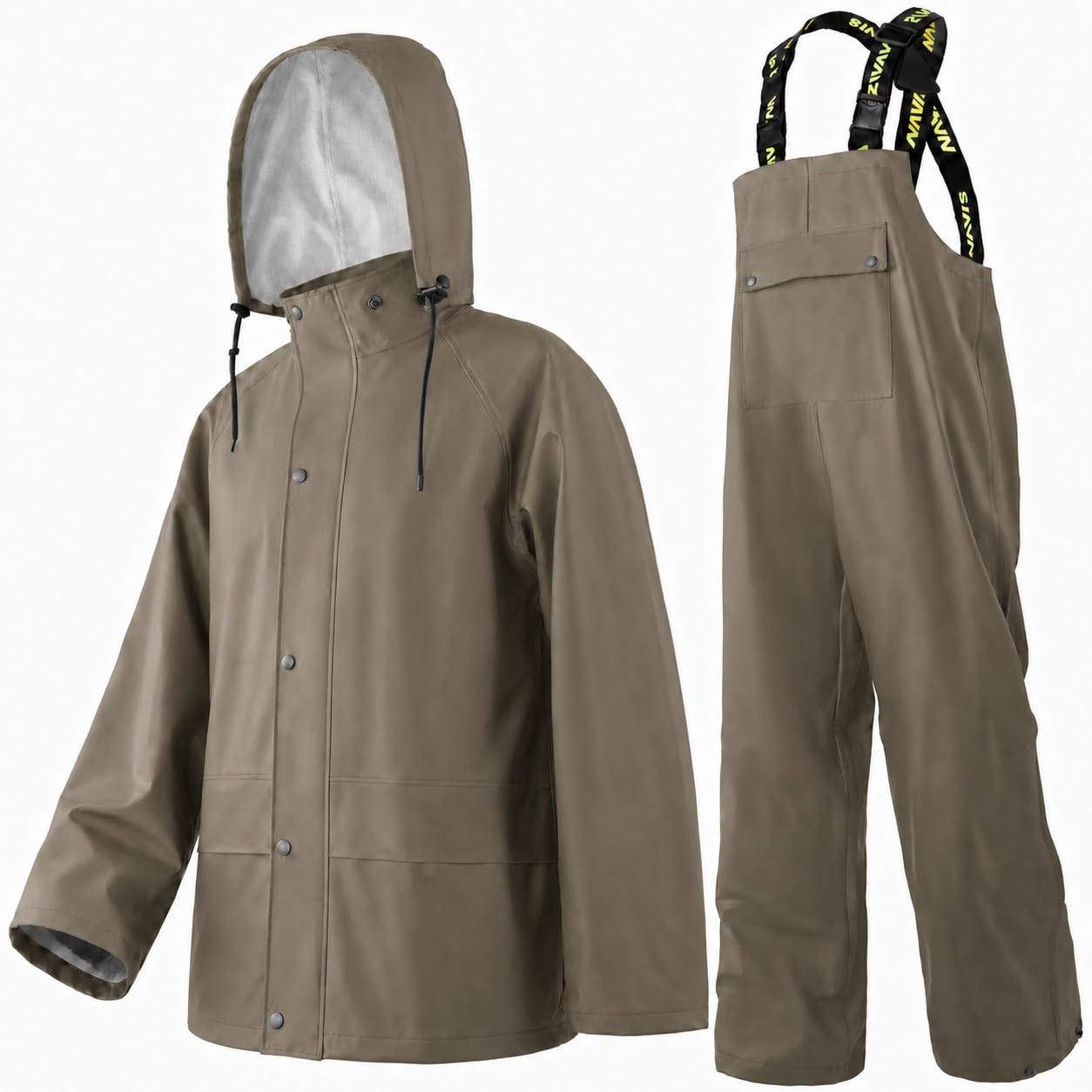 Men’s Workwear 3-Piece Waterproof PU Rain Suit Set | Hooded Jacket &amp; Bib Pants, Sealed Seams, Storm Flap, Adjustable Suspenders, Flap Pockets, Outdoor Work, Fishing, Farming