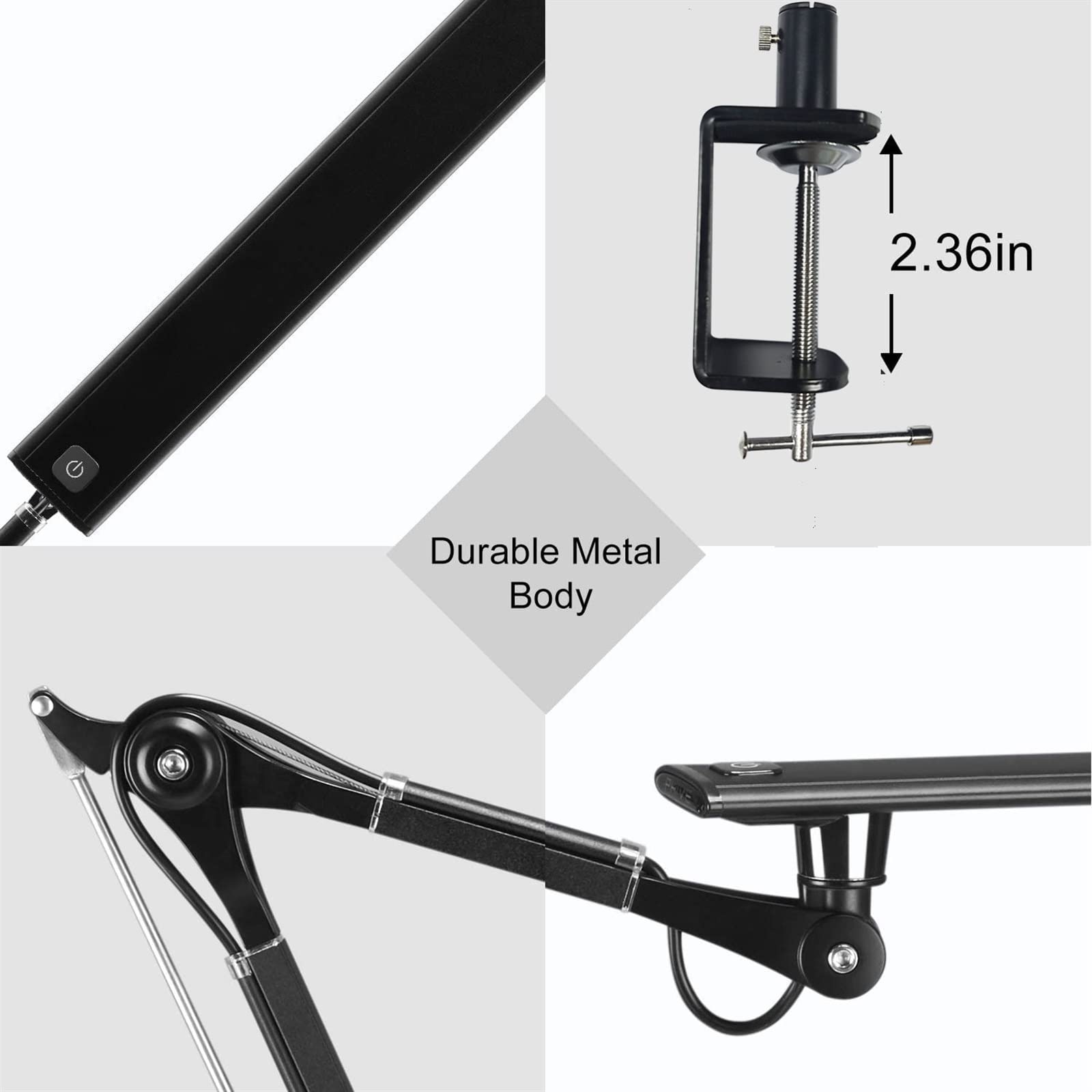 Tischlampe Metallschwung Arm Arm und Verstärker; Aufgabenlampe mit schrittloser Dimmel- und Verstärkungsfunktion; drei Lichtmodi -Funktionen und für jede Anwendung einstellbar (Schwarz) innovate