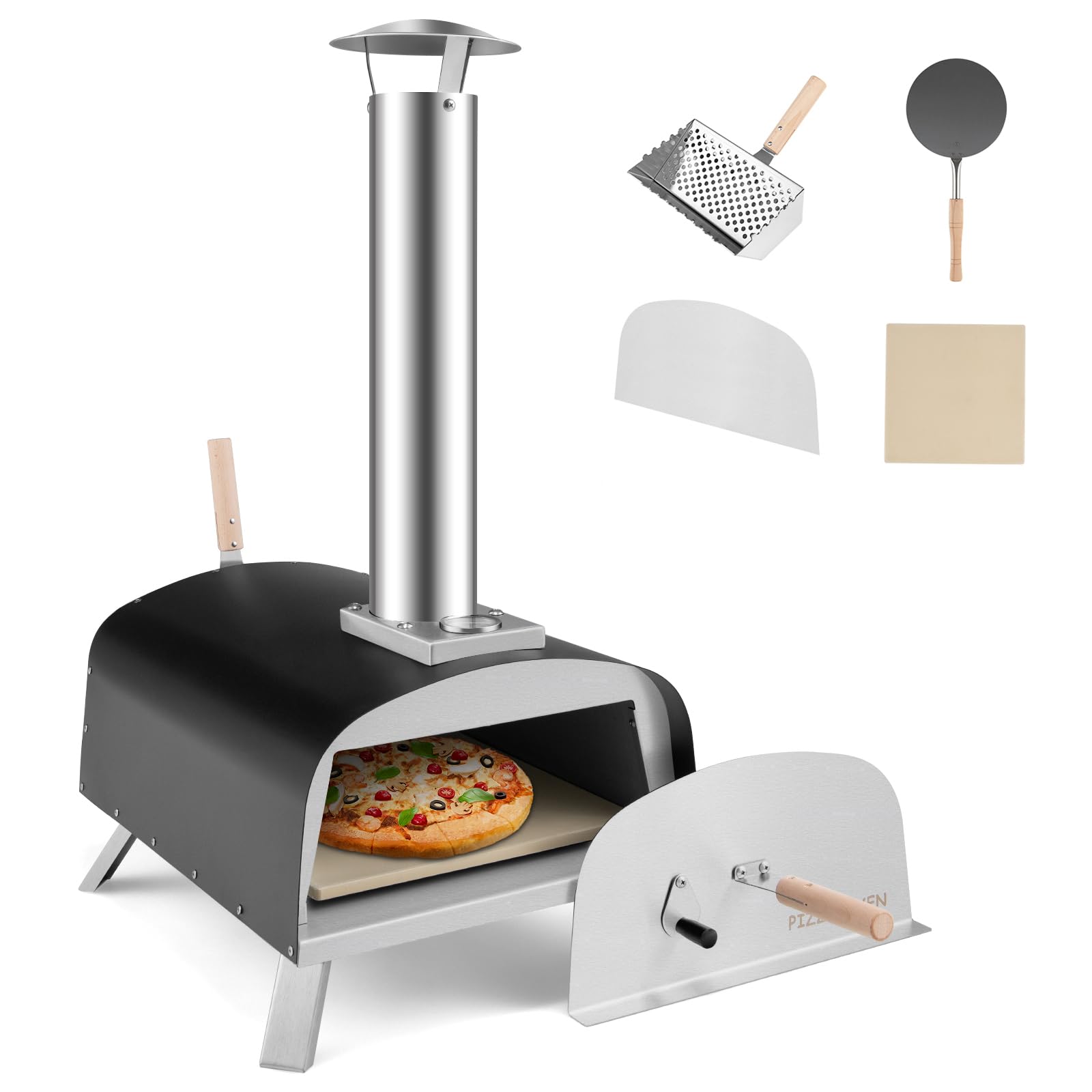 KOMFOTTEU Forno per pizza all'aperto, portatile a legna con pietra per pizza, termometro, forno per pizza in acciaio inox, forno per pizza per barbecue e campeggio