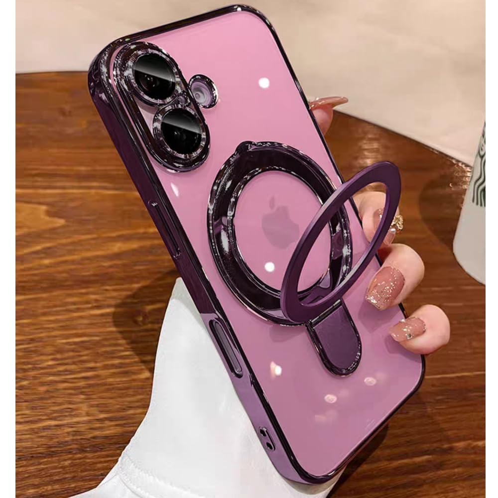 JBJZYZZ Magnetic Stand Case for iPhone 16 Case Clear Kickstand Compatible with Magsafe Built-in Camera Lens Protector Case Cover for iPhone 16,Purple