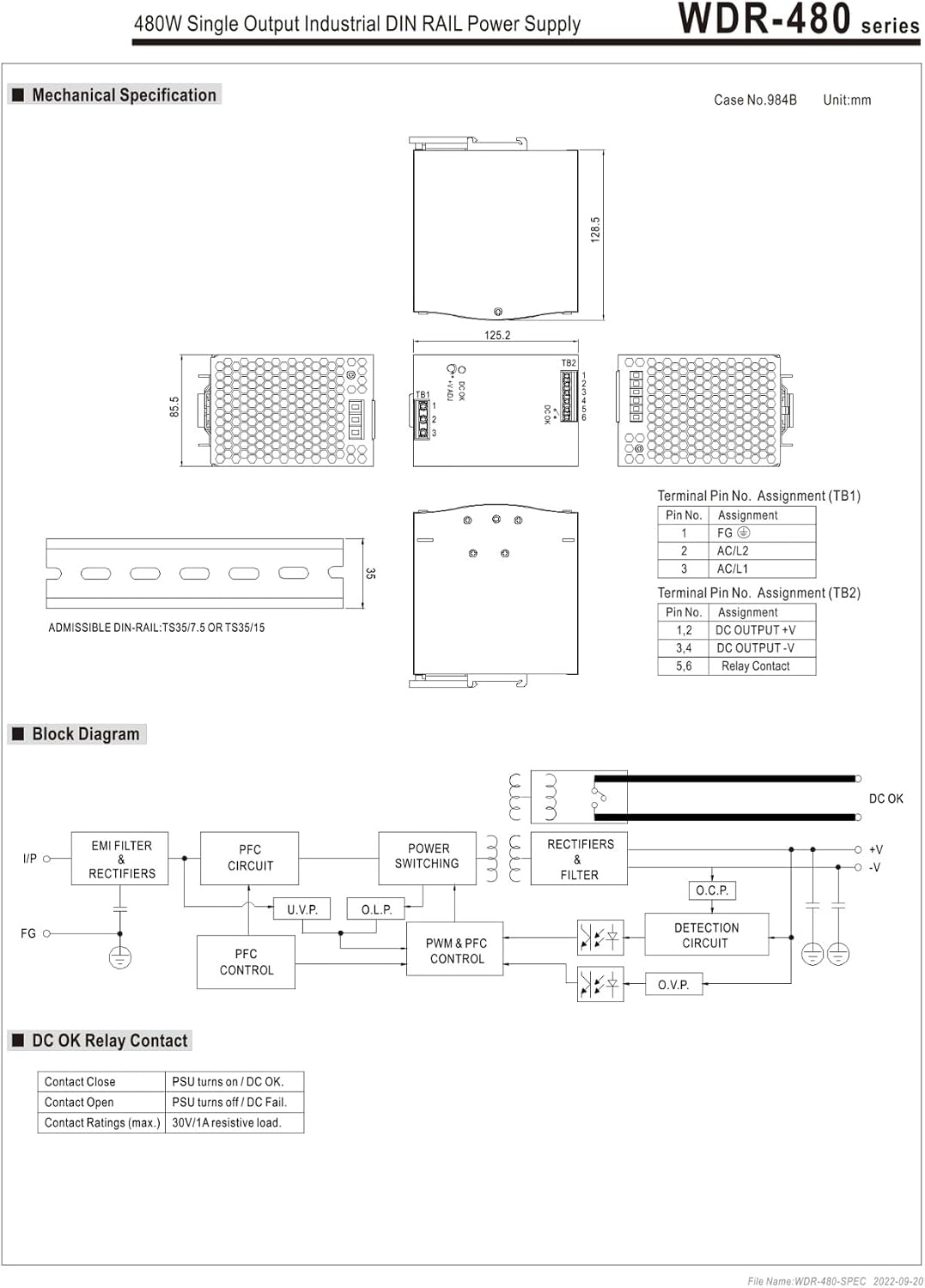 WDR-480-24 24/48 480W Single Group Output Guide Rail Type Industrial Power Supply(WDR-480-24V)