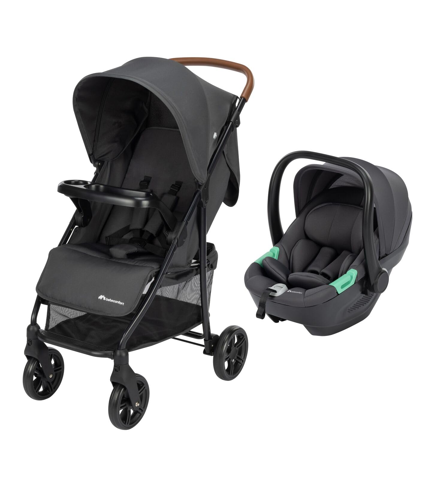 Bebeconfort Misty Duo, 2 en 1 Poussette Compacte, Panier spacieux jusqu'à 8 kg, Plateau pour la sécurité et le jeu, Poussette Pliable, 0 à 4 ans, 0-22kg, avec Siège Auto Bébé i-Size, Mineral Graphite