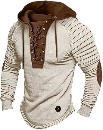ShallWe Mens Henley Shirt Hooded Long Sleeve Lace Up Vintage Solid Casual T-Shirt Tactical Patchwork Western Tee Sports