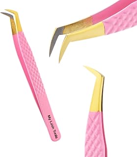 My Lash Tools Fiber Tip Lash Tweezers for Eyelash Extensions Professional Lash Tech Supplies Must Haves Volume Boot Eyelash Tweezers 12cm Stainless Steel Fan Making Lashing Tweezer (Pink Gold Tip)