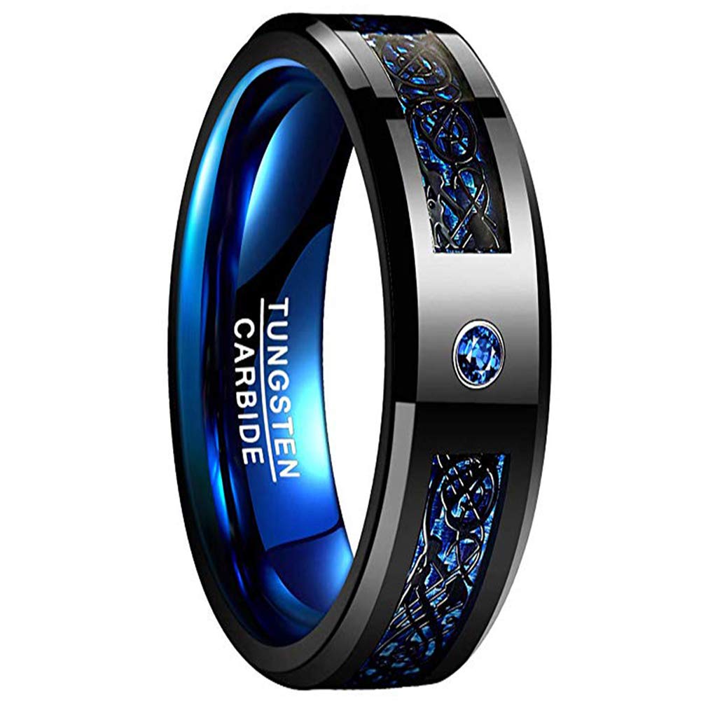 NUNCAD6mm/8mm Tungsten Carbide Ring for Men Women Black Celtic Dragon and Blue Carbon Fiber Inlay Wedding Band Size 7-17