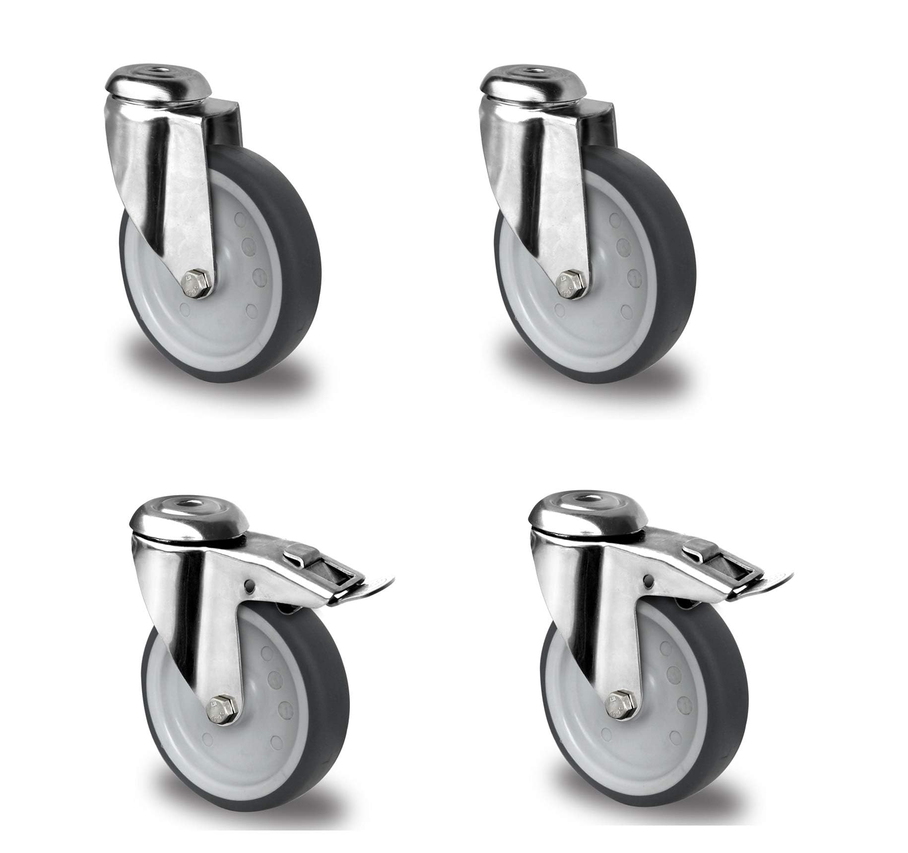 Satz Edelstahlrolle 125 mm Gummi grau spurlos Rückenloch mit ohne Bremse V2A INOX Transportrolle Apparaterolle aus Edelstahl