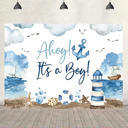 Miniatura 4 de Ticuenicoa Telón de fondo náutico para baby shower, 5 x 3 pies, nubes azules y blancas, diseño de barco faro para revelación de género, cabina de