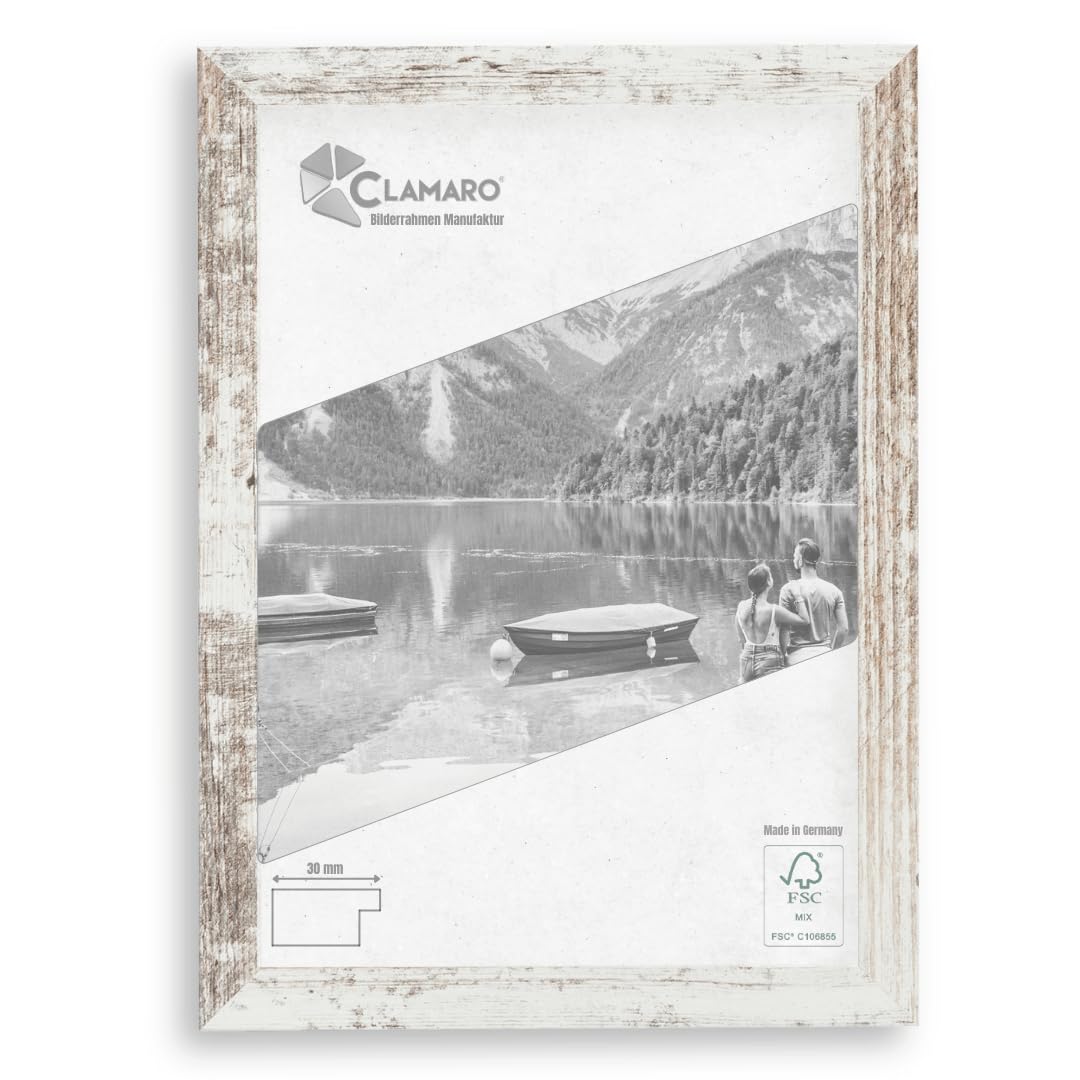 Clamaro 'Collage' Marco de Fotos 50x70 Hecho a Mano | Blanco Antiguo | Moderno Marco para Cuadros de Tablero MDF con Cristal de Vidrio acrílico, Placa Trasera y Colgador (Horizontal y Vertical)