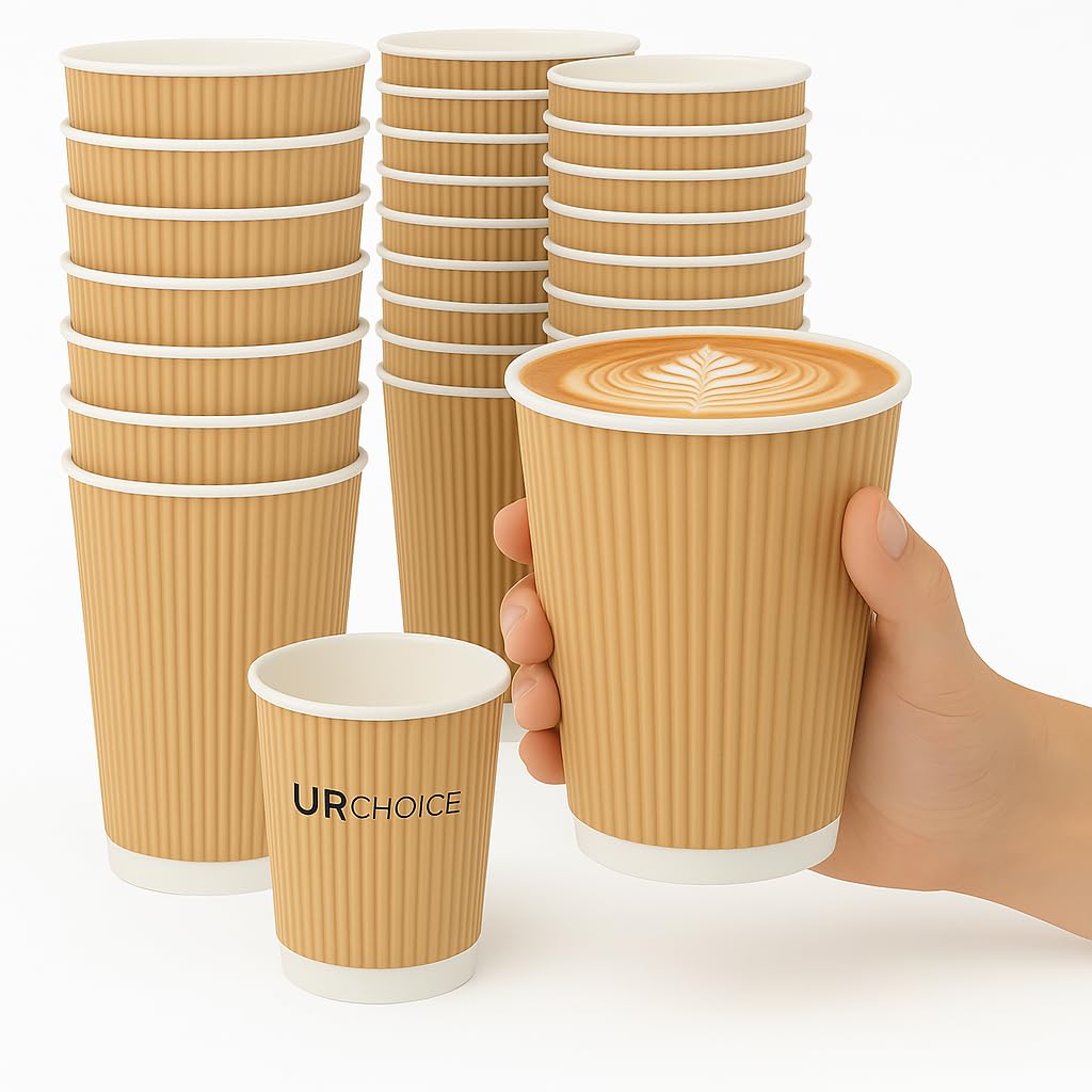 UR CHOICE, 500 x 12oz Brown Disposable Ripple Paper Cups, Triple Wall Leak Proof Coffee Cups, Insulated Paper Takeaway Cups for Hot & Cold Drinks