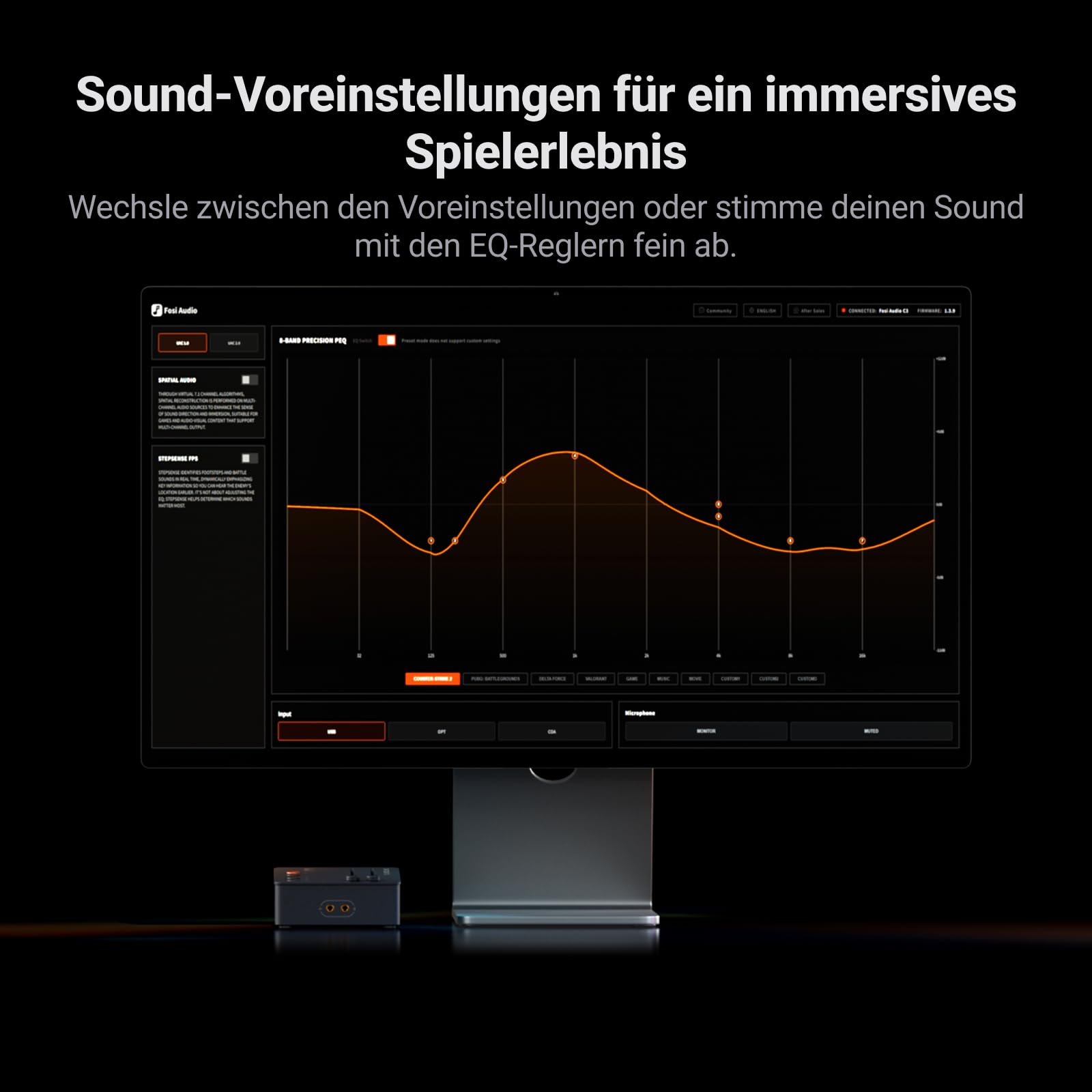 Fosi Audio C3 Gaming DAC, External USB Soundkarte mit Footstep Enhancement & 7.1 Surround, Noise Cancelling Mic fur FPS Gaming, XMOS Hi-Fi Chipset, PCM 384kHz/DSD256 fur PC PS5 Switch