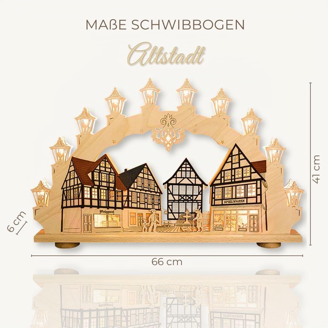 weigla - Schwibbogen original Erzgebirge I Motiv Altstadt I LED Lichterbogen Weihnachten I 15 Lampenkerzen + 1 Ersatzlampe I 15 x 16 V, 0,2 W, E10 I beleuchtete Weihnachtsdeko innen I aus Holz