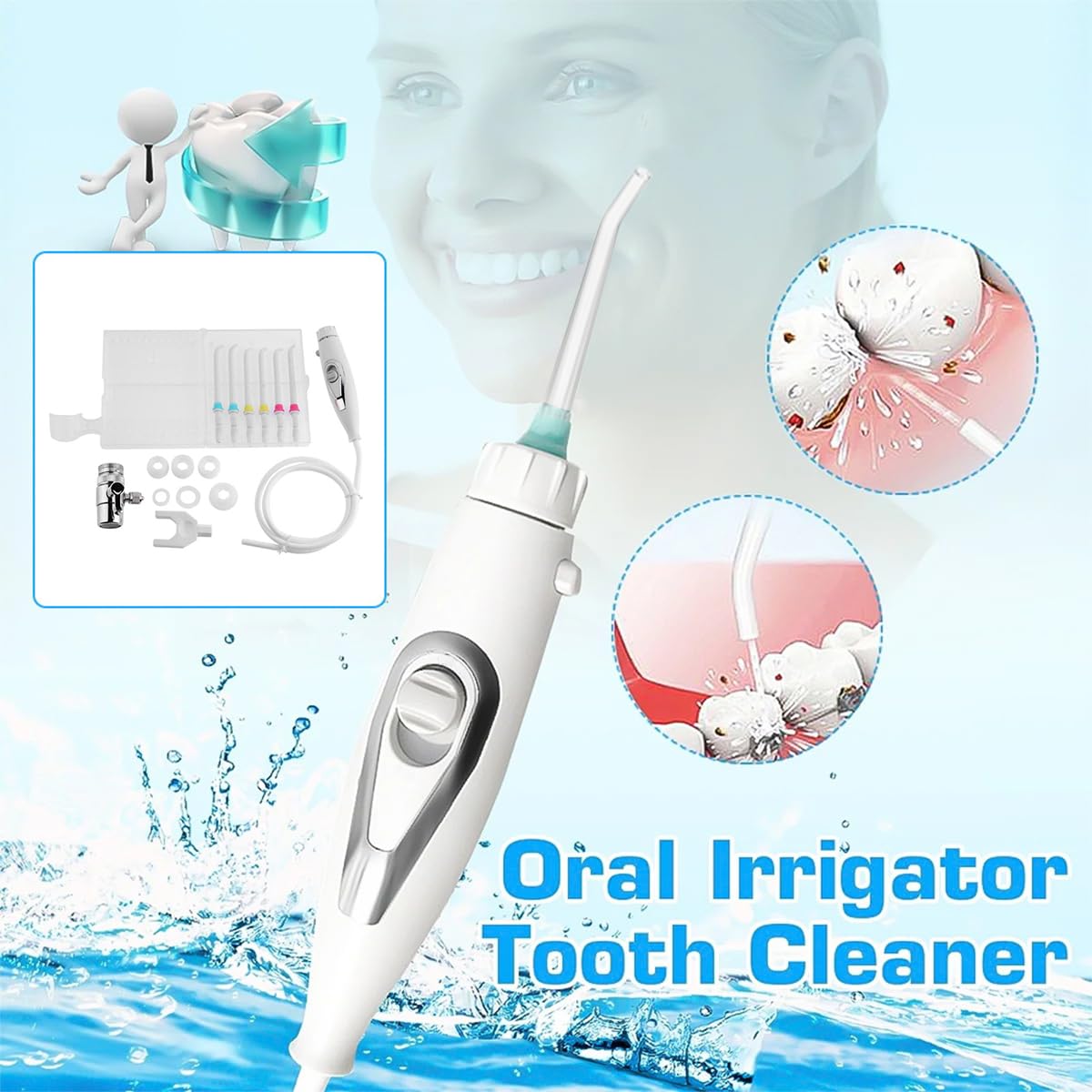 Irrigador dental con irrigador bucal, sin baterías y sin electricidad para limpieza oral y cuidado de aparatos ortopédicos (blanco 2)