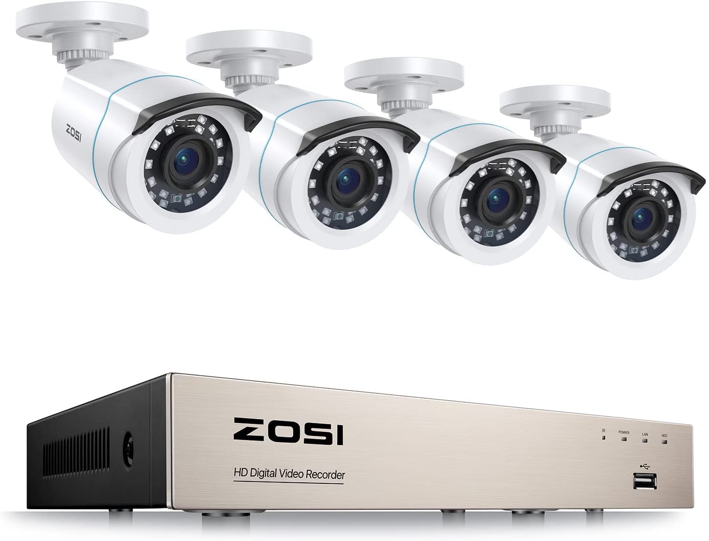 ZOSI 1080P Kit Videovigilancia 8CH H.265+ Grabador DVR + (4) Cámara de Vigilancia Exterior, 20m Visión Nocturna, P2P, Alarma de Movimiento, Sin Disco Duro