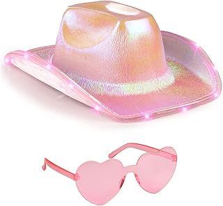 Funcredible Light Up Cowboy Hat for Women | Pink Holographic Space Cowgirl Hat with Glasses | Halloween Cow Girl Costume Accessories - Fun Rodeo Party Hats and Goggles for Kids, Girls and Women