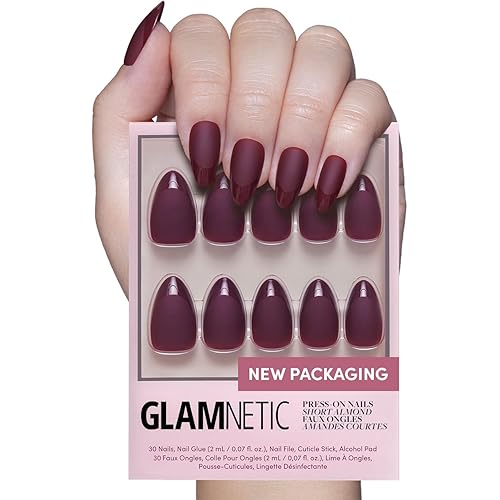 Glamnetic Press On Nails - Merlot | Matte Short Almond Dark Red Fake Nails with Glossy French Tips | 15 Sizes - 30 Nail Kit with Glue