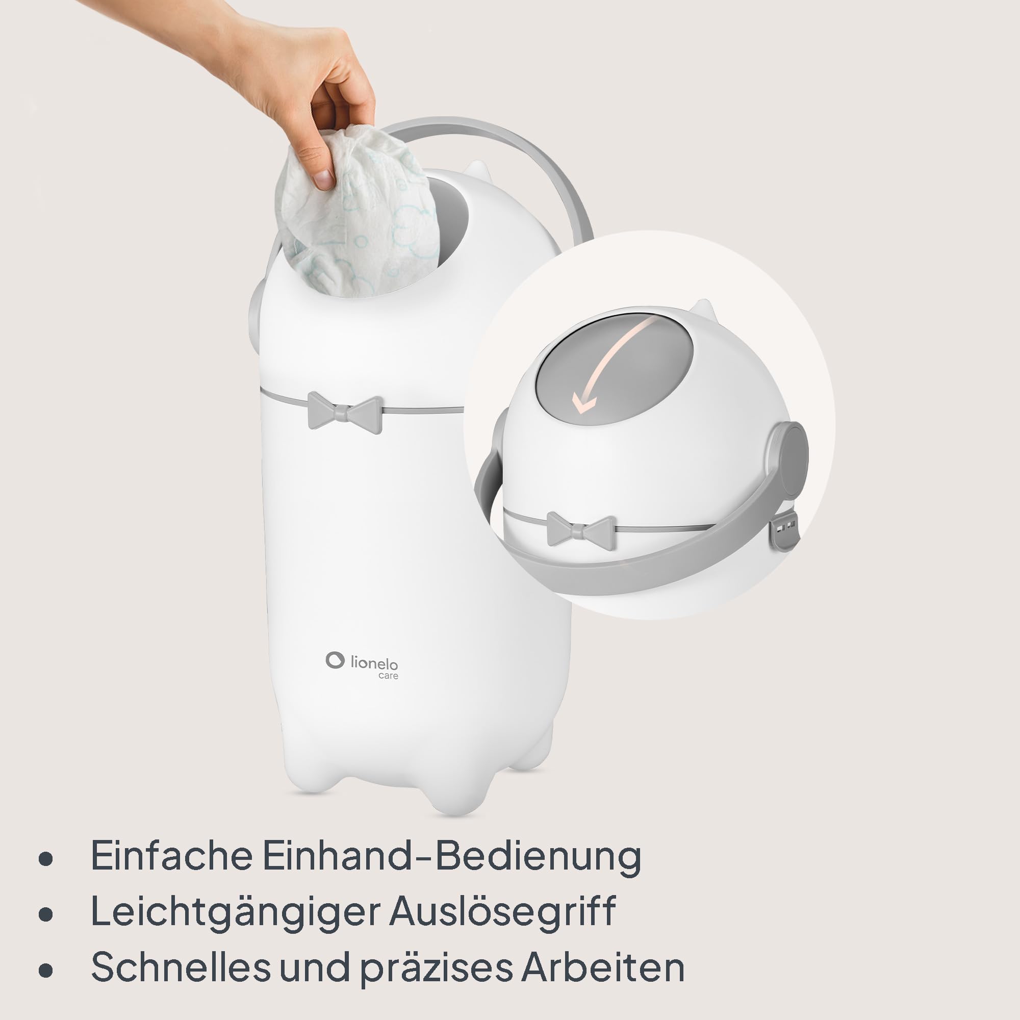 Lionelo Purebin – Windeleimer geruchsdicht, für universelle Beutel (ohne Kassette), Einhand-Bedienung, 10 L – hygienischer Windelbehälter für Babyzimmer