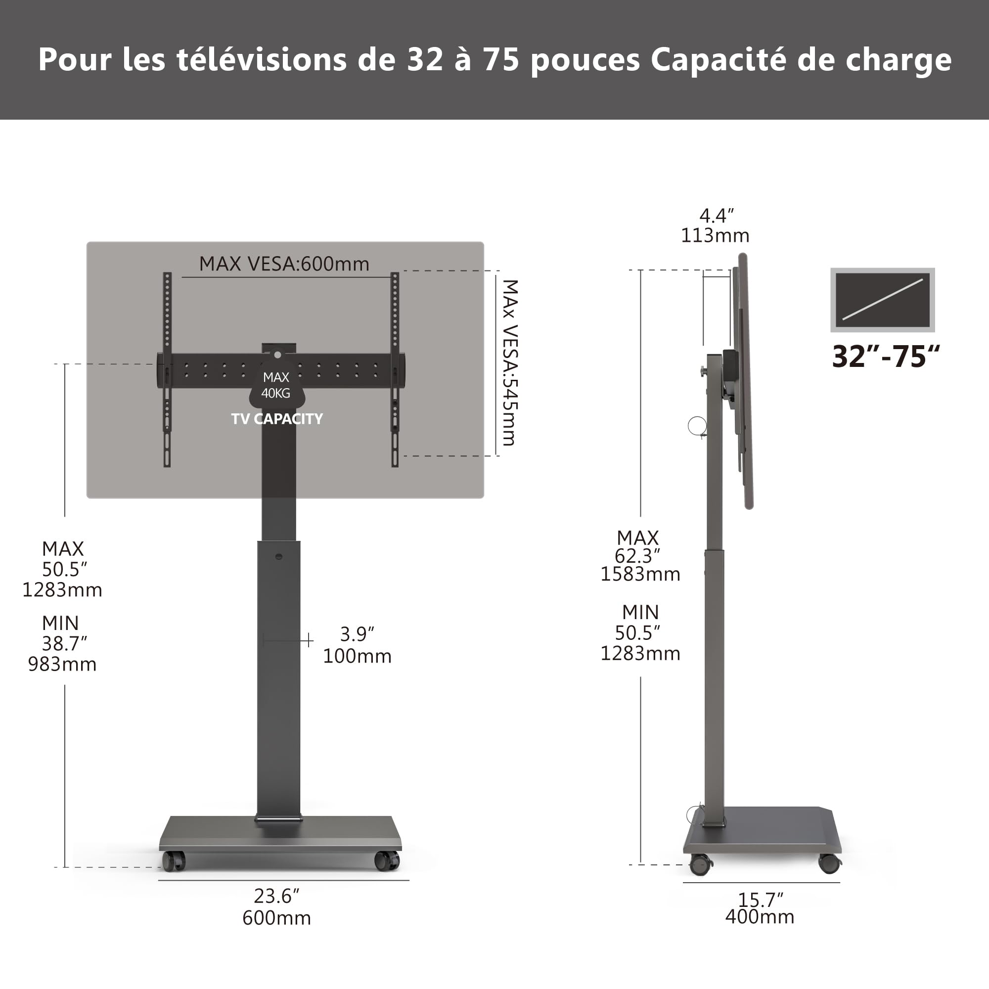 FITUEYES Support TV roulettes en Fer 32-75 Pouces Rotation 90°-Support TV Pied Pivotant 40° et 7 Réglages en Hauteur jusqu'à 40 kg-Max VESA 600x400 mm