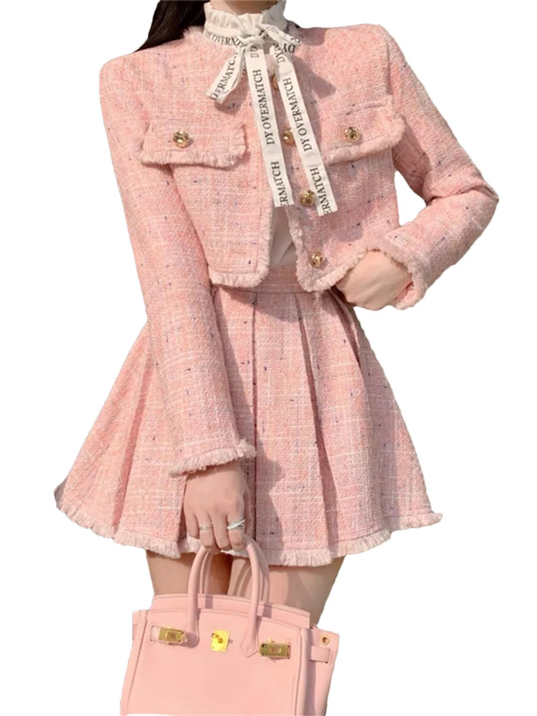 Women 2-Piece Sets Tweed Solid Outfits Long Sleeve Short Jacket Coat Pleated Skirt Suits