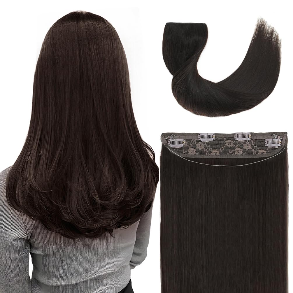 Invisible Wire Hair Extensions Real Human Hair - 14 Inch 70G Dark Brown Transparent Fish Line Clip-Ins Hair Piece, 100% Remy Human Hair Extensions for