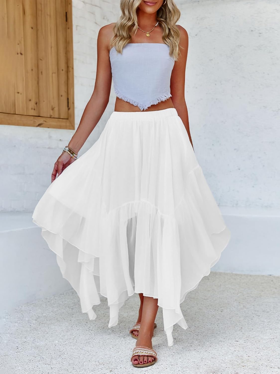 Fisoew Womens Summer Boho Maxi Skirt Casual Asymmetric High-Low Hem Flowy Bohemia Long Skirt - Image 4