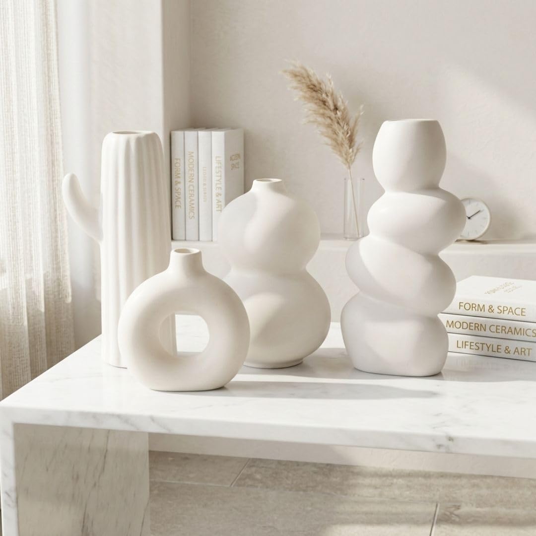 4 Ceramic Vases - Modern White Floral Vases -9