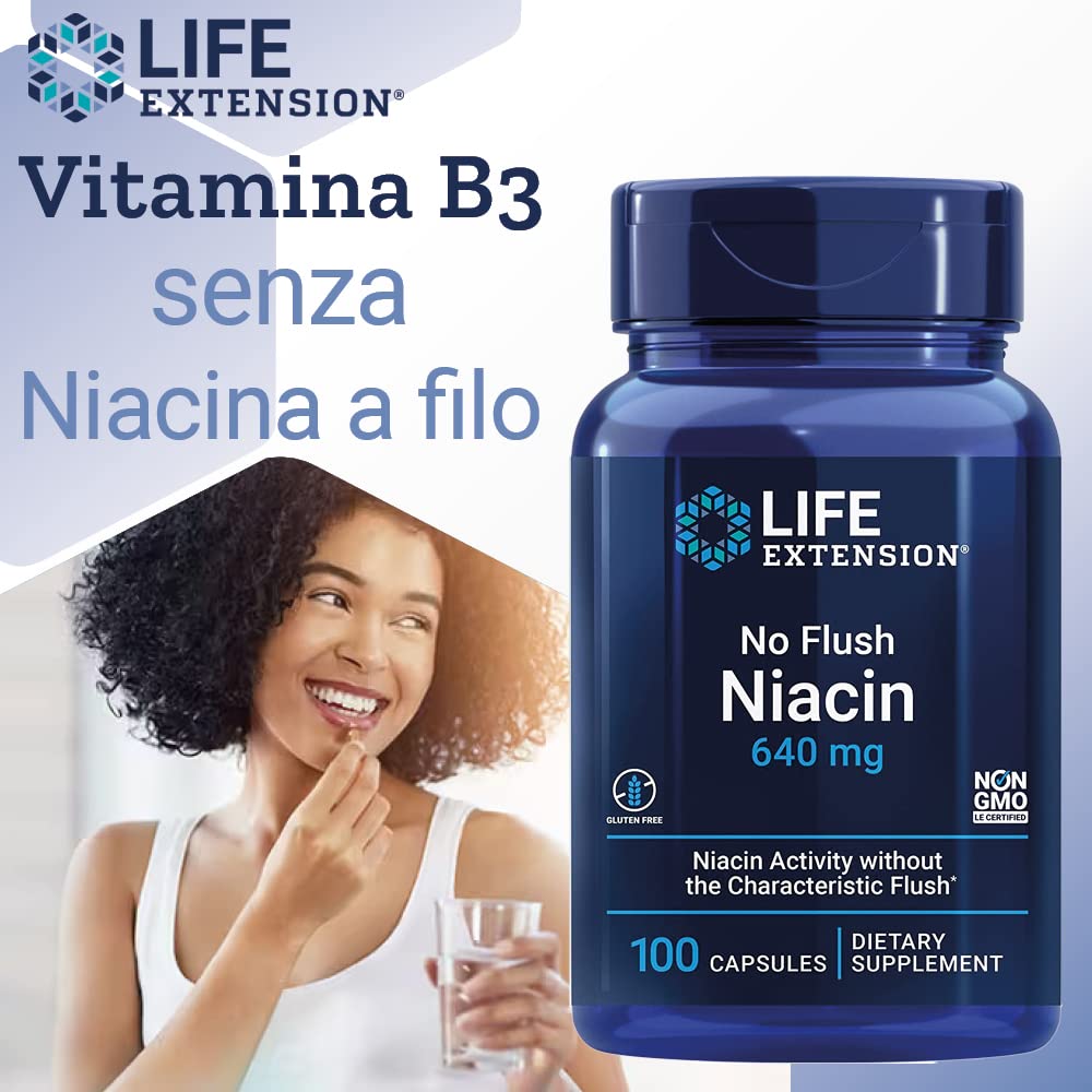 Life Extension, No-Flush Niacin (Vitamina B3 senza Sciacquo), Altamente Dosato, 100 Capsule, Testate in Laboratorio, Senza Glutine, Senza Soia, Non OGM