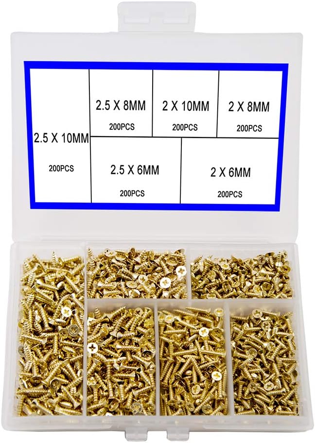 newlng 1200pcs Small Screws Phillips Flat Head Cross Self Tapping Tiny Screw Cabinet Electronic Accessories Screw Multifunctional DIY Micro Woodworking Mini Screw Set Gold