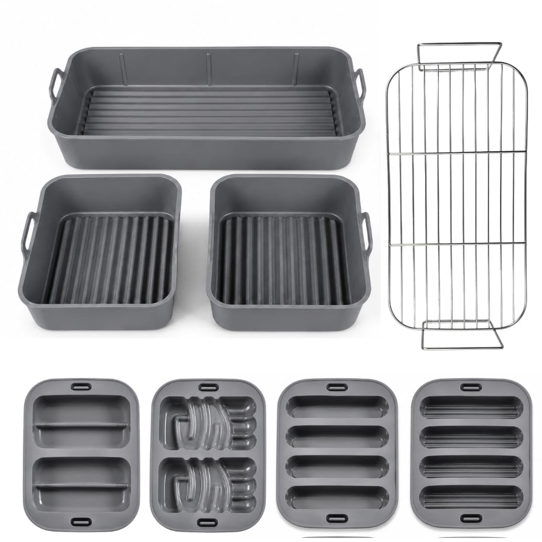 Pack para freidora de aire de 8 piezas compatible con Cosori Twinfry 10 l | 3 moldes con base de ondas suaves, 4 moldes de formas y rejilla S304 de doble altura, aptos para lavavajillas y hasta 230 °C