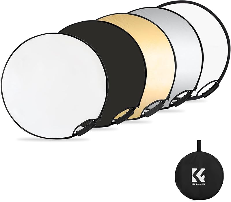 K&F CONCEPT 5-in-1 Light Reflector, 22"/60cm with Handle Grip & Bag | Collapsible Portable Photography Diffuser for Studio and Outdoor Lighting, Gold/Silver/White/Black/Translucent LE04