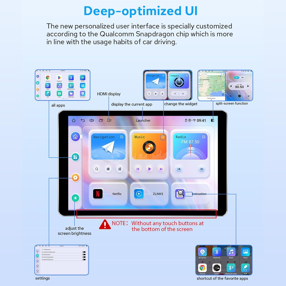 Screenshot of the JOYING car stereo's user interface, showing various app icons, widgets for navigation, music, and radio, and options for HDMI display, split-screen, and screen brightness adjustment.