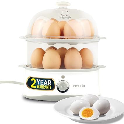 IBELL EG014Y Egg Boiler - 14 Eggs, 210 Watt, 2 Trays, 3 Boiling Modes, Auto Shutdown Function | White