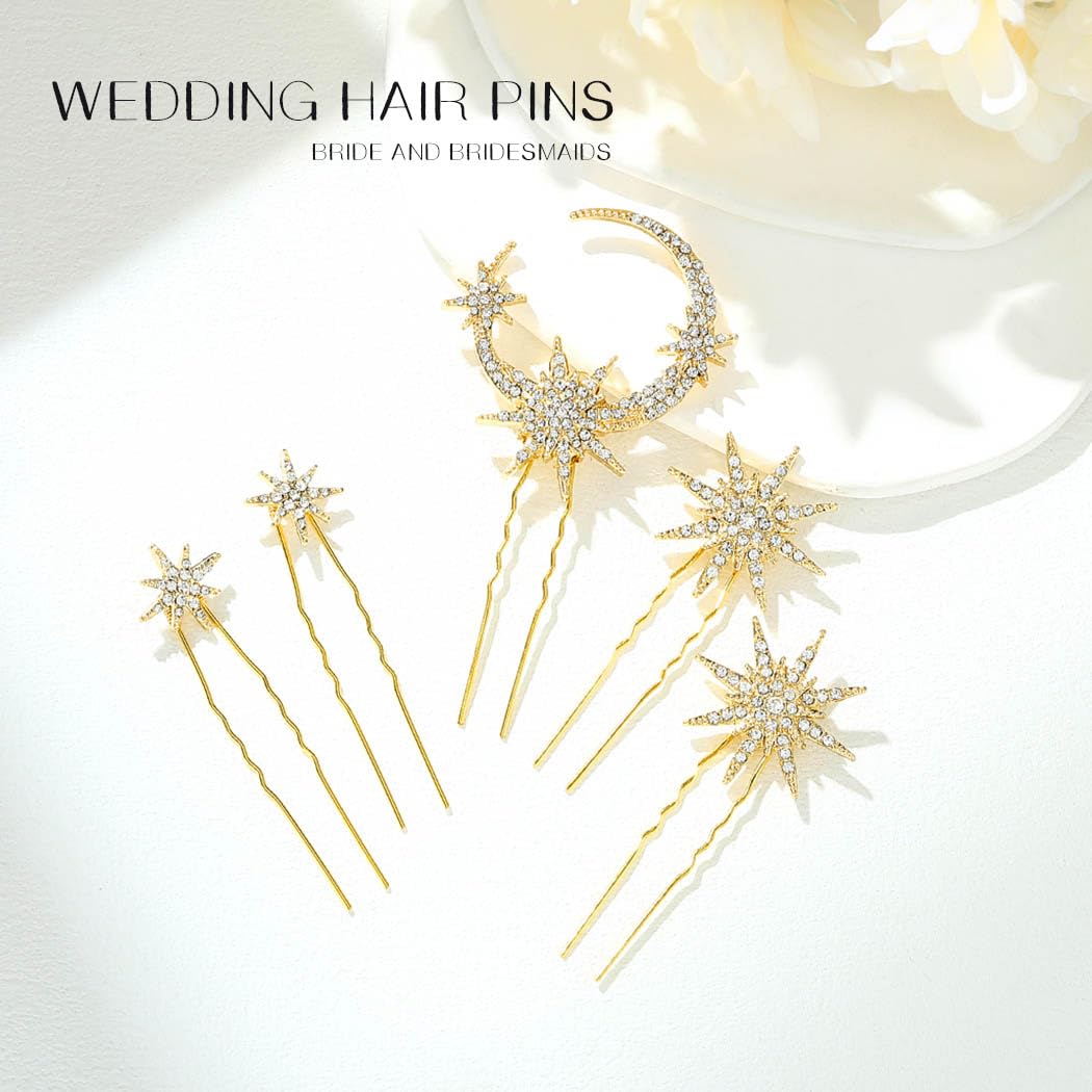 JAKAWIN Gold Hair Clips Rhinestone Star Hair Pin Celestial Hair Accessories | Bridal Wedding Headpiece Decorative for Women