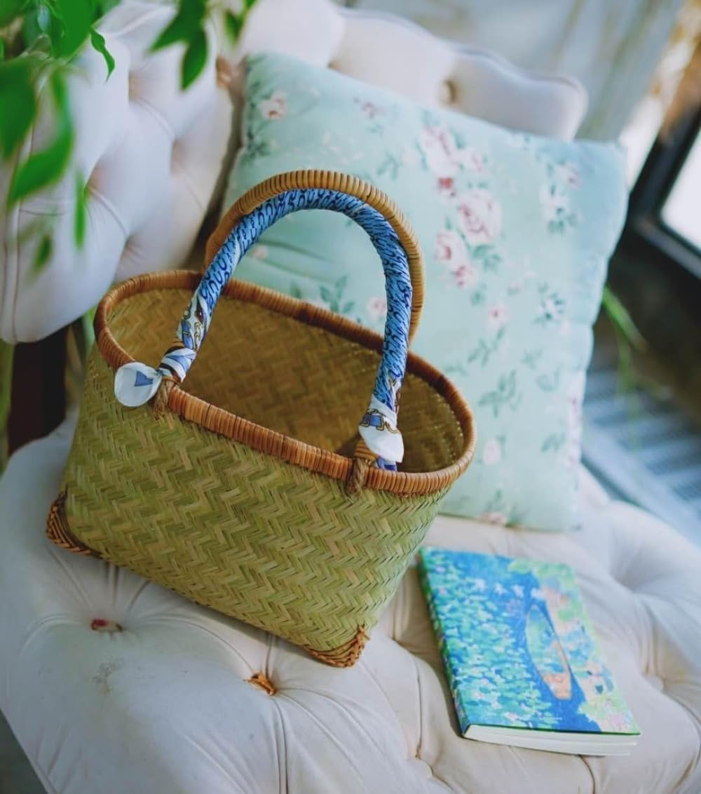 籐ハンドル付きバンブーバスケット バンブーベジタブルバスケット エコショッピングバスケット ハンドメイドバスケット 手編みピッキング